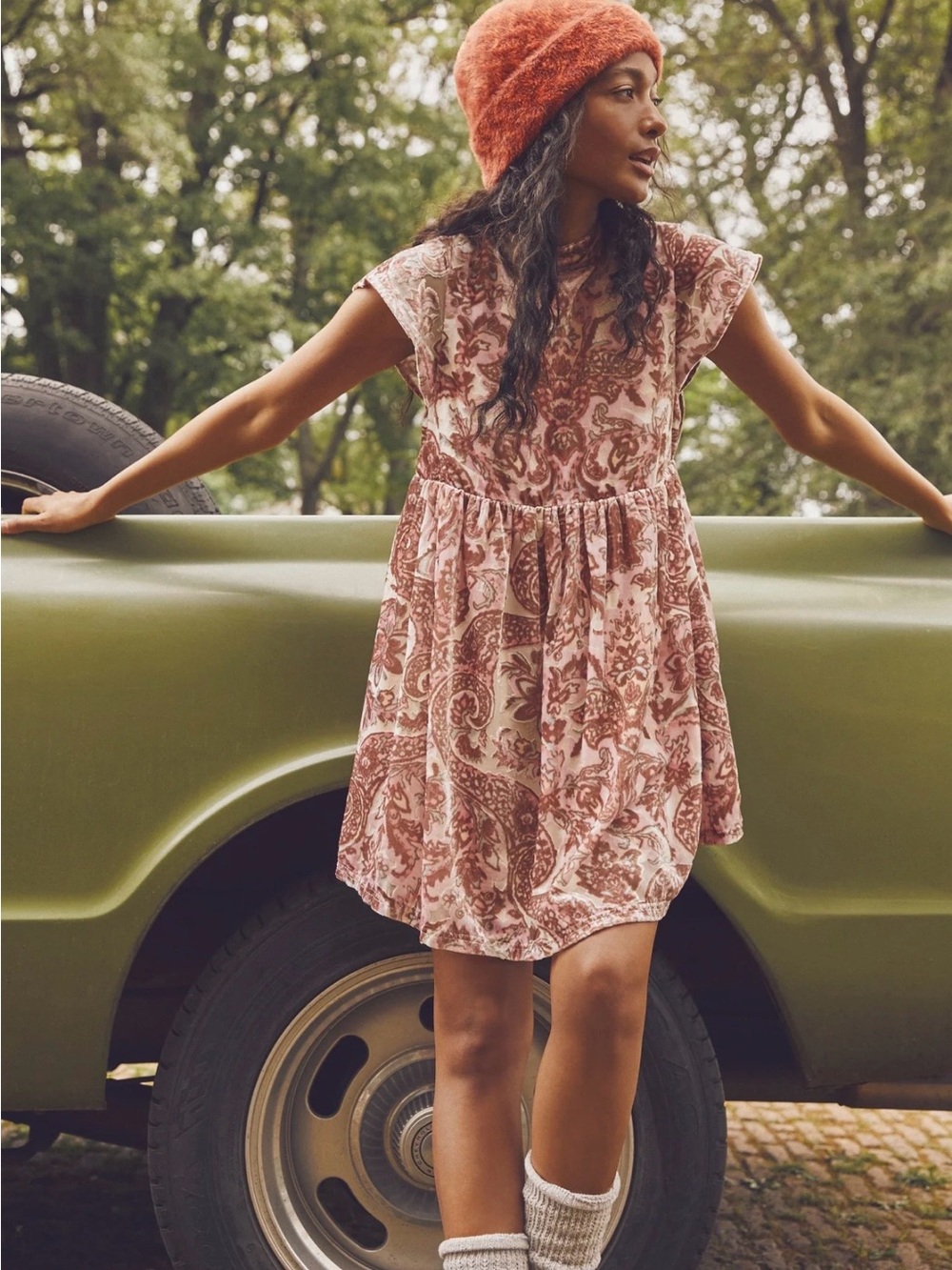 Free People "All The Time" Velvet Mini Dress Sz M Petal Paisley Boho